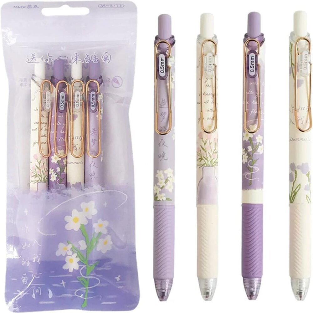 4 Pcs Gel Ink Pens Flower Retractable Pens 0.5mm Black Ink Gel Pens Women Girls
